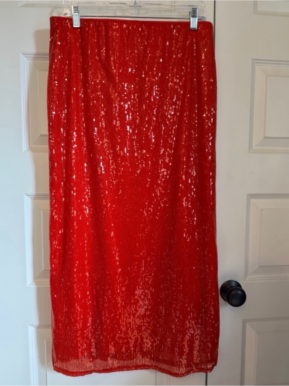A New Day Red Sequin Midi Skirt Side Slit Holiday Party Size M